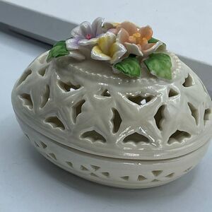 Vintage Cream Lusterware floral cut out design Easter Egg trinket box.